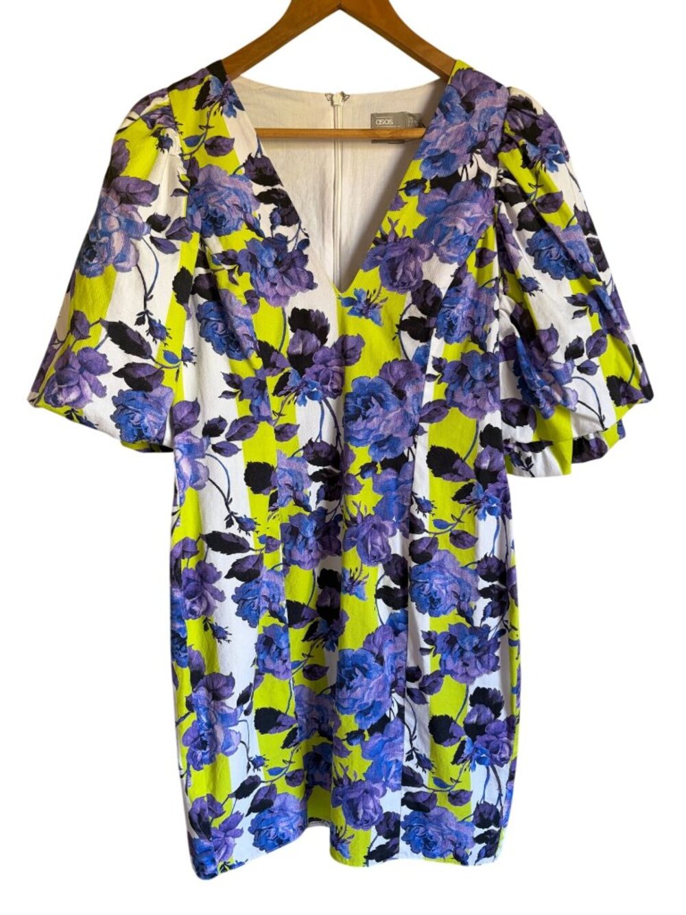 ASOS Neon Green Purple Floral Puff Sleeve Dress 100% Cotton US 8